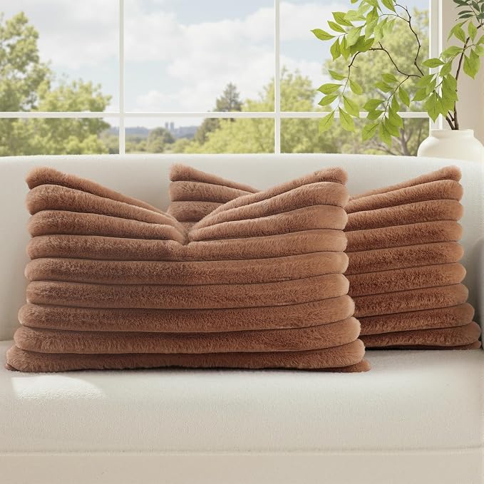 decorUhome Fall Faux Fur Throw Pillow Covers 12x20 Set of 2 Brown | Decorative Soft Cozy Striped Plush Modern Farmhouse Boho Couch Pillow Cases Velvet Back for Sofa Bed Living Room Home Decor