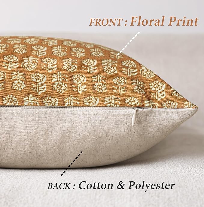 Foindtower Set of 2 Decorative Neutral Floral Print Throw Pillow Covers Vintage Accent Farmhouse Cushion Cover Boho Home Decor For Sofa Couch Chair Bedroom Living Room Outdoor,20×20 Inch,Golden Orange