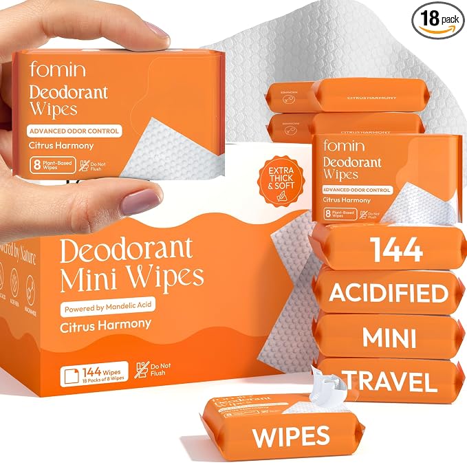 FOMIN Acidified Travel Deodorant Mini Wipes For Women & Men - Citrus Harmony - 144 Count - pH Balanced, Biodegradeable Mini Deodorant Travel Size Wipes - Plastic-Free, Underarm Body Wipes