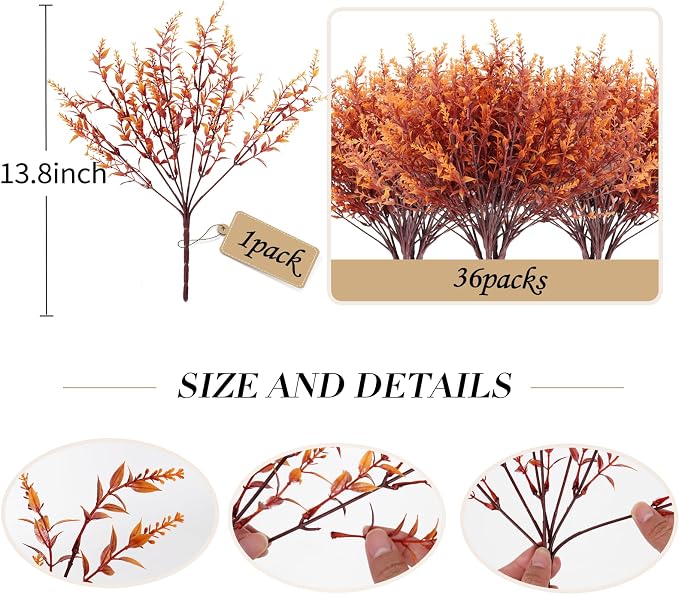 RECUTMS Fake Fall Plants for Outdoor Faux Lavender Flowers Fake Greenery | 36Pcs Brown Artificial Fall Flower Outside UV Resistant Faux Autumn Plants Artificial Bushes for Bookshelf Balcony Decoration