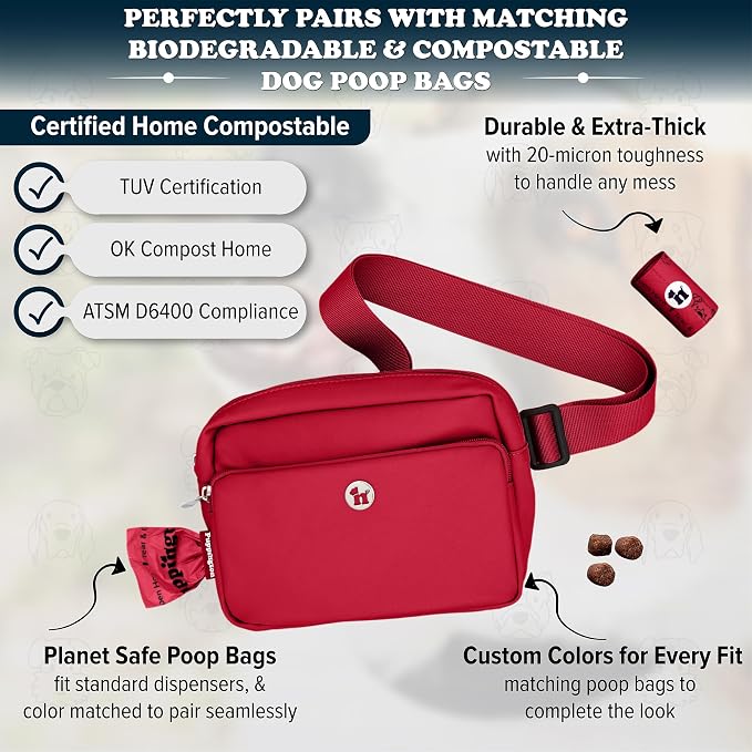 Puppington 3-in-1 Crossbody Dog Walking Bag & Treat Pouch with Matching Planet Safe Poop Bags & Built-In Dispenser - Dog Mom Gift for Puppy Training with Zippered Pockets (Ruby Red)
