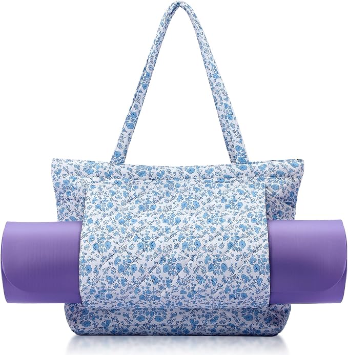 Sadnyy Blue Floral Quilted Yoga Bags with Mat Pocket for Women, Cute Cotton Floral Yoga Tote Carrier with Shoulder Strap, Ideal for Pilates, Travel, Office, Beach & Workout
