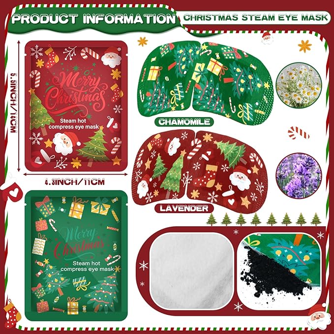 Bonuci 60 Pcs Christmas Steam Eye Masks Bulk for Dry Eyes Disposable Heating Eye Mask for Spa Sleep Warm Compress Stress Dark Circle Relief Puffiness and Relaxation Gifts Christmas Stocking Stuffer