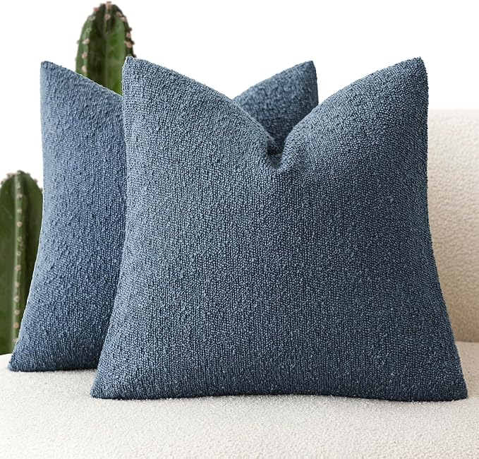 Foindtower Pack of 2 Textured Boucle Throw Pillow Covers Accent Solid Pillow Cases Cozy Soft Decorative Couch Cushion Case for Chair Sofa Bedroom Living Room Home Decor 18x18 Inch Dark Blue
