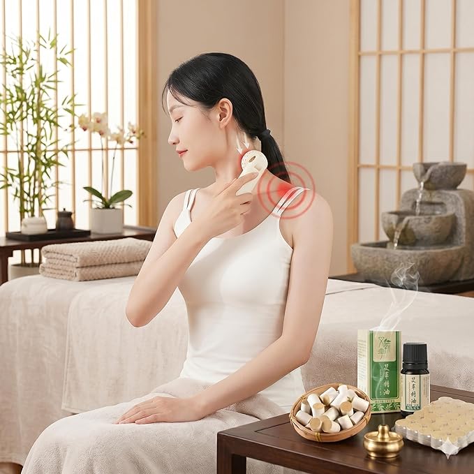 Upgraded Design Moxibustion Gua Sha Kit with Natural Bian Stone, Moxa Herbal Skincare | Stone Massage Kit for Relaxation & Self-Care