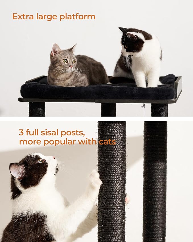 26.7in Cat Tree Tower Condo, Cat Scratch Posts for Indoor Cats, Big Plate, Three 23.6in Full Sisal Scratching Posts, Black