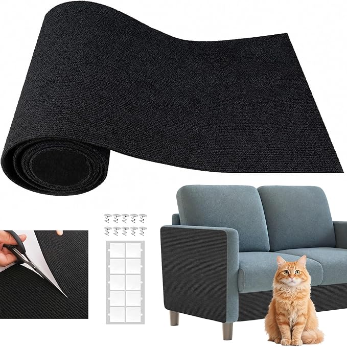 Cat Scratching Climbing Carpet Mat, Self-Adhesive Couch Furniture Protector | Trimmable, DIY Cat Scratch Post Covered Pad Replacement for Tree Shelf Steps Couch Corner Wall (Black, 78.7x15.8Inch)