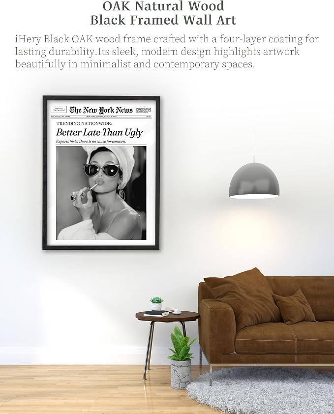 iHery 12x16in Audrey Hepburn Better Late Than Ugly Framed Bathroom Art | Premium Black Natural OAK Wood Frame with Canvas Print, Vintage Fashion Wall Decor for Bedroom, Apartment Girl Dorm, 1Pack
