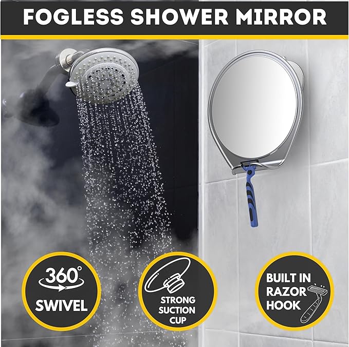HONEYBULL Fogless Shower Mirror with Suction Mount & Swivel – Anti-Fog Acrylic Bathroom Mirror for Shaving – Built-in Razor Holder, Easy Install, Home Shower Accessory (Chrome)