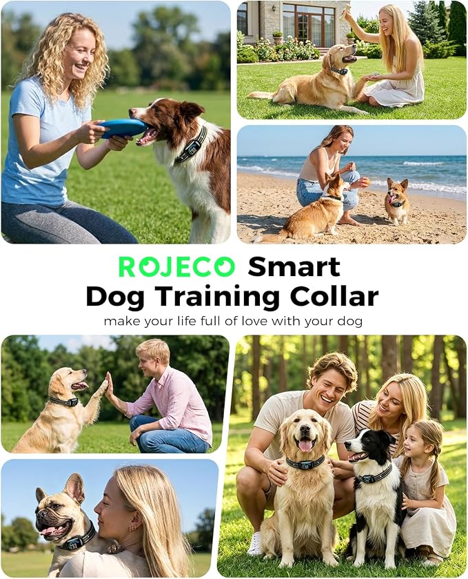 ROJECO 2-in-1 Dog Shock Collar & Bark Collar,Smart Anti-Barking for 2 Dogs | 3300FT Remote/IPX7 Waterproof/Beep,Vibration,Shock Modes/LED Light/TypeC Rechargeable/for Small Medium Large Dogs/Green,Black
