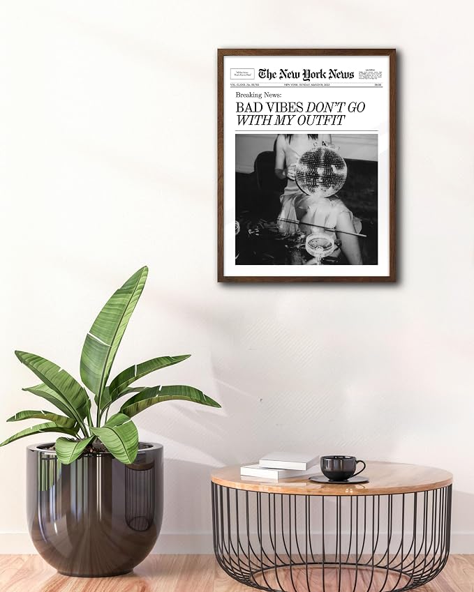 EcoHest 12x16 in Bad Vibes Don't Go With My Outfit Framed Wall Art | Walnut Color Solid Oak Frame, Canvas Wall Art, Disco Fashion Newspaper Wall Decor for Bedroom, Apartment, Dorm, College,1Pack