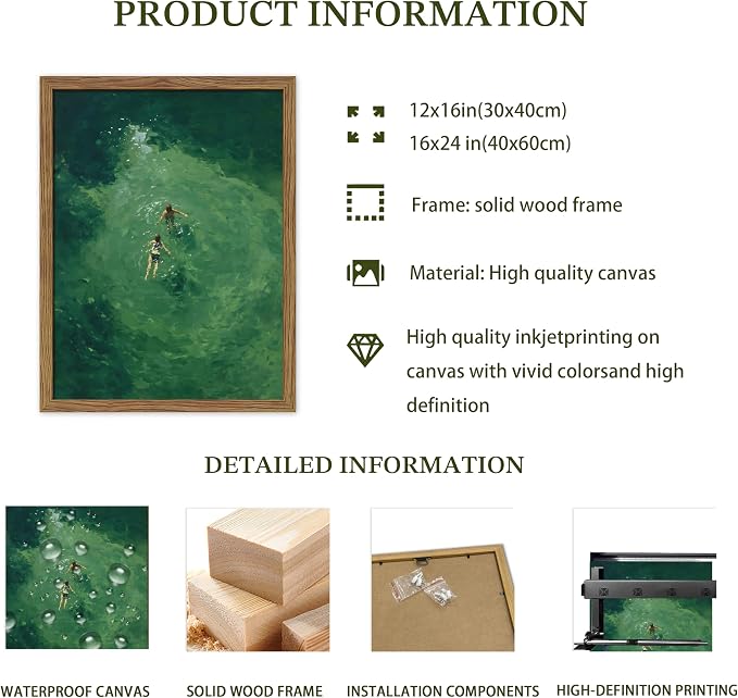Framed Green Abstract Wall Art, Vintage Summer Swimming Canvas Wall Decor Painting, Minimalist Dark Green Water Landscape Poster Print Picture for Bathroom Bedroom Living Room 12x16 Inch