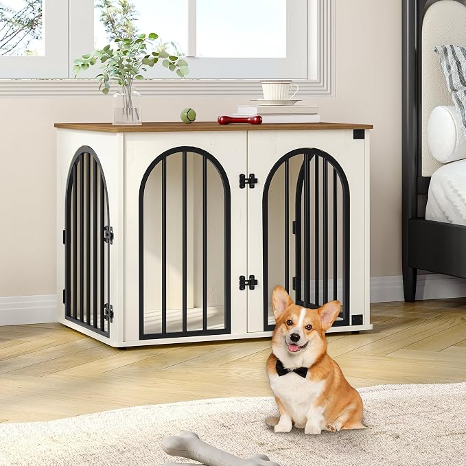 Hzuaneri 31.5'' Dog Crate Furniture,Dog Kennel Indoor for Small/Medium Dogs | Dog Kennel Furniture Wooden Dog Cage Heavy Duty Dog Crate Decorative Pet House End Side Table TV Stand,White Brown DFC85114B