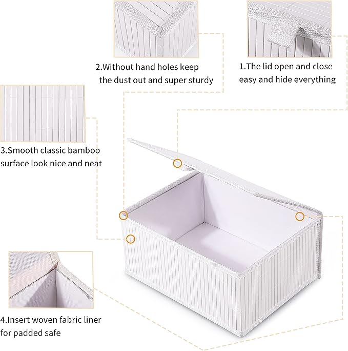Honygebia Bamboo Decorative Storage Boxes - Set of 3 Woven Lined Storage Basket with Lids, White Wicker Lidded Baskets for Home Kitchen Shelf Organizer Decor