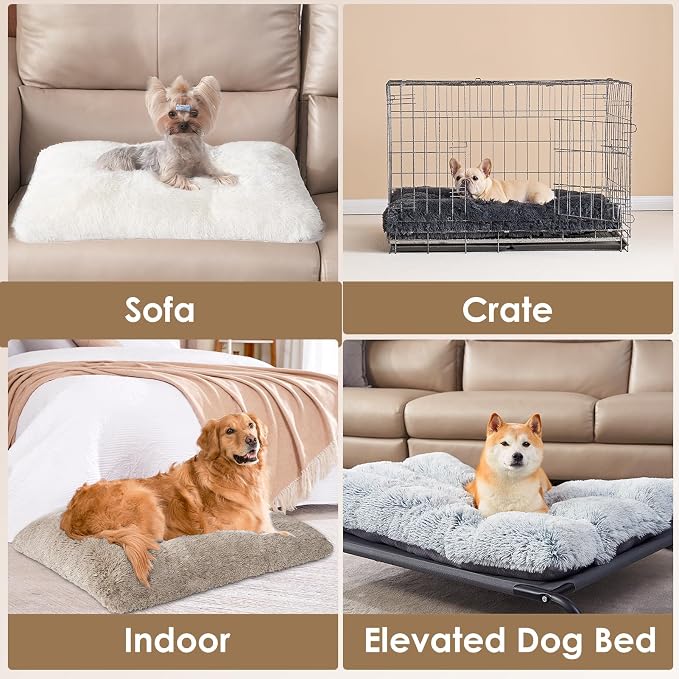 EHEYCIGA Fluffy Dog Crate Bed for Large Dogs, Plush Faux Fur Pad, Taupe | Calming Anti Anxiety Large Dog Crate Bed, Washable Soft Warm Mat with Non-Slip Bottom