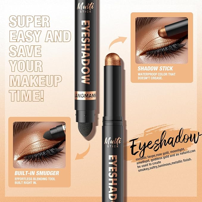 LANGMANNI 4Colors Dual-Ended Cream Eyeshadow Stick Set – Silky Smooth, Waterproof & Transfer-Proof, Built-in Blender Brush, All-Day Matte & Shimmer Wear Eye Makeup(#9+10+11+12)