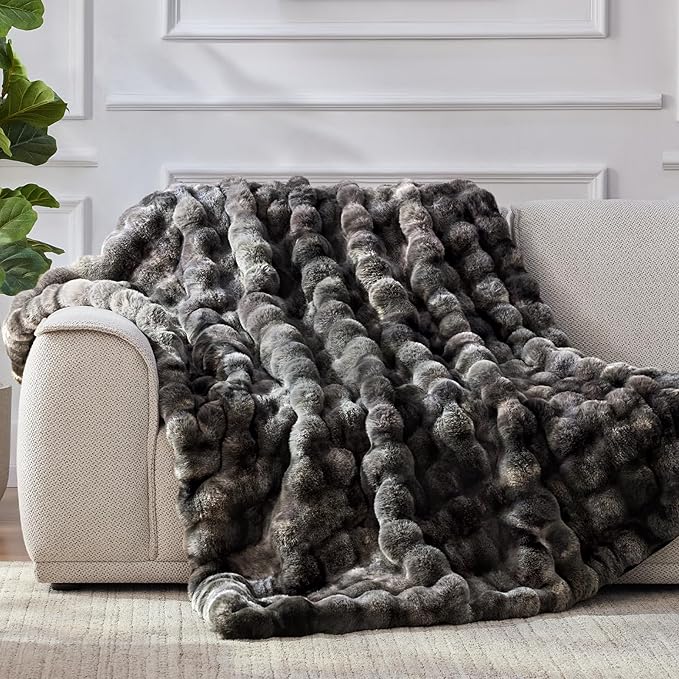 Anysay Faux Fur Throw Blanket, 1000GSM Fluffy Soft Bubble Blanket 60''*80'' | Cozy Plush Warm and Thick Blanket for Couch Bed, Fuzzy Rabbit Throw for Living Room Bedroom Tie-dye Grey