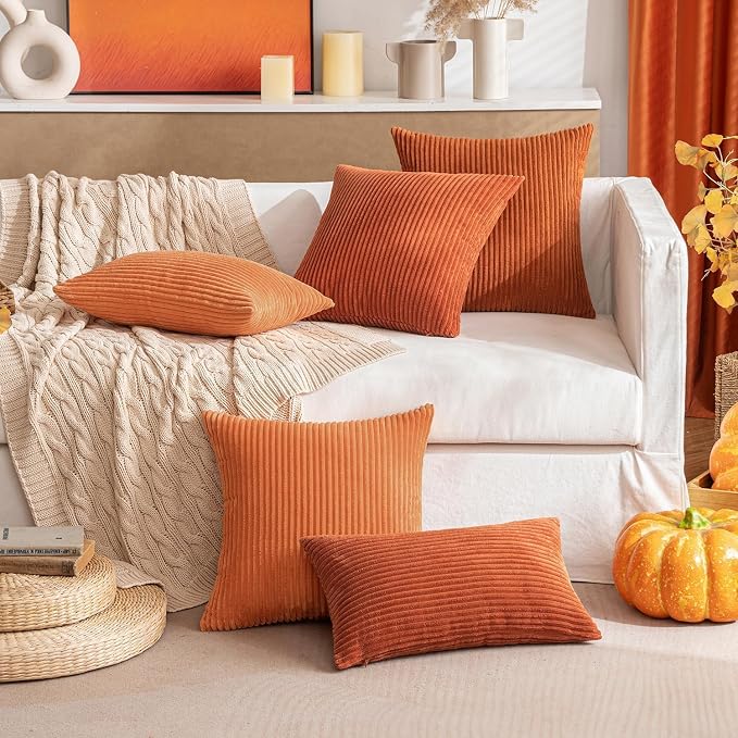 MIULEE Fall Decorative Corduroy Throw Pillow Covers Set of 2 18x18 Rust | Soft Striped Textured Cushion Cases, Boho Rustic Square Pillowcases for Home Decor, for Couch Chair Sofa Bed Living Room