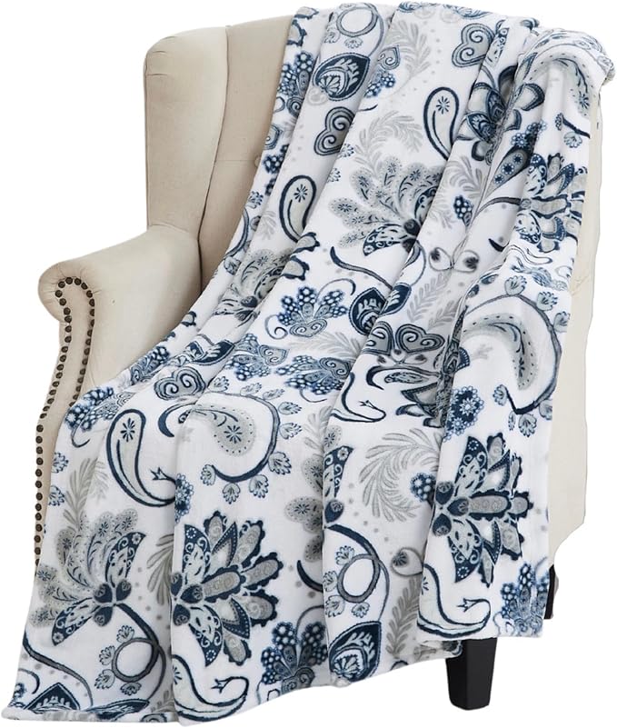 Soft Fleece Throw Blanket, Blue Grey Paisley Boho Damask, 50x70, Oversized | Hues of Gray & Navy in Elegant Floral Design, Accent For Living Room or Bedroom on Sofa Couch Bed Chair