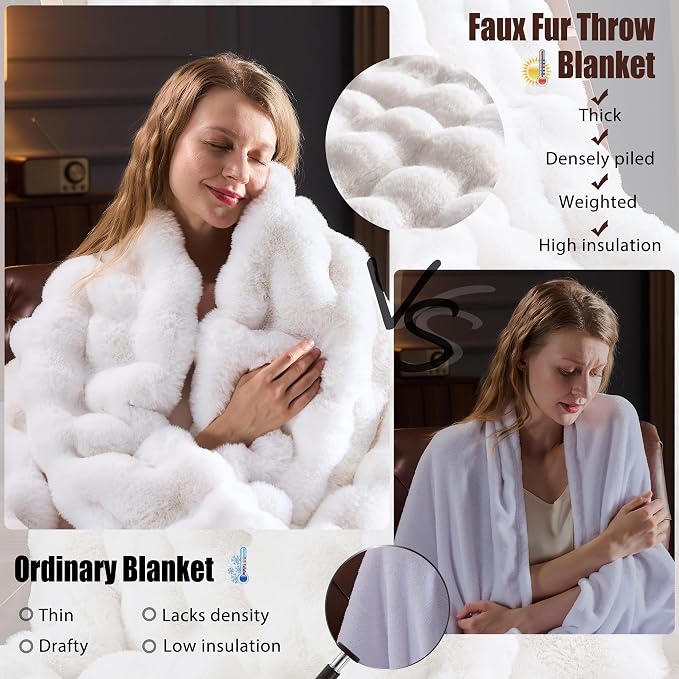 Faux Fur Throw Blanket for Couch, Fluffy Fuzzy Plush Bubble Blanket, Soft Warm Cozy Shaggy Rabbit Blanket, Luxury Decorative Gifts for Sofa Bedroom Living Room, 90x90inch (Beige)