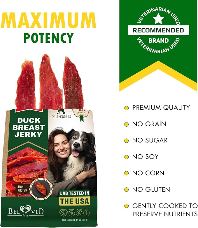 Beloved Pets Dog Treats Duck Jerky Breast - Human Grade Meat Sticks - Natural Pet Dried Snacks Rawhide - Free - Long Lasting Chews for Large & Small Dogs (24 oz (Pack of 1), Duck Jerky Breast)