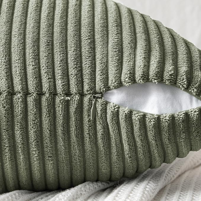 MIULEE Light Olive Green Decorative Throw Pillow Covers for Couch 18x18 in | 2 Pack, Boho Farmhouse Pillow Covers, Soft Cross Corduroy Patchwork Textured Cushion Cases For Bed Sofa