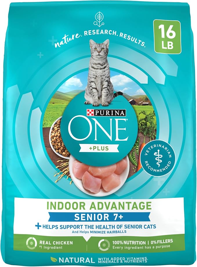 Purina ONE Indoor Advantage Senior Dry Cat Food, High Protein, 16 lb Bag | Made with real chicken and a natural fiber blend that helps minimize hairballs and supports immune health for senior cats
