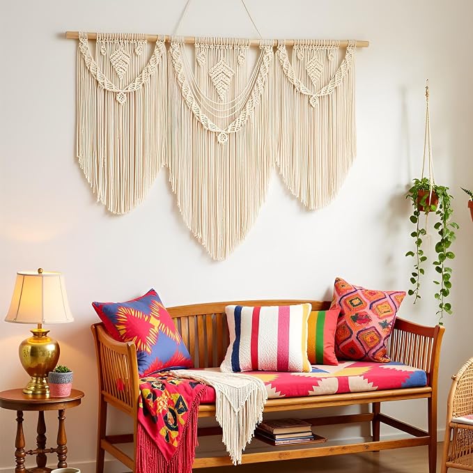 guzhiou Large Macrame Wall Hanging, Boho Woven Tapestry Decor Art, 43"x32" | Handmade bohemian woven tapestry for bedroom, living room, apartment. Perfect Boho style wall decor art for weddings, parties