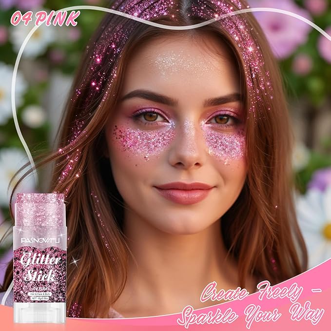 Pink Body Glitter Stick, Romantic Face Gel Stick for Women and Girls, Gel Formula Hair Glitter for Festival Party Makeup, Long Lasting Concert Stage Performance Special Occasions