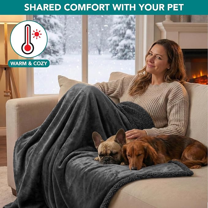 PetAmi Waterproof Dog Blanket for Large Dog Pet, 90x90 Queen, Dark Grey | 460 GSM Sherpa Fleece Reversible, Pee Proof Cat Blanket, Furniture Protector Cover for Bed Sofa Kennel, Washable, Queen Size