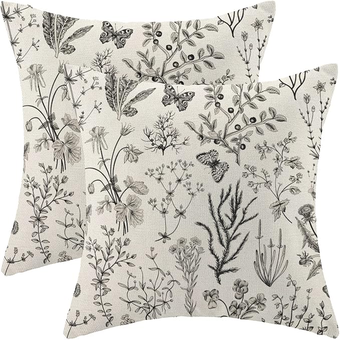 AEIOAE Spring Pillow Covers 20x20 Inch Set of 2,Black Gray Wild Flower Plant Throw Pillows Case,Seasonal Floral Outdoor Decorative Square Linen Farmhouse Decor Cushion Covers for Home Sofa Bed Couch