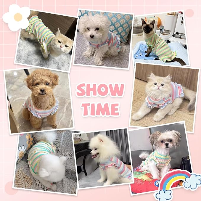 2 Pack Cute Striped Small Dog Shirts, Soft Cotton Girl Dog Clothes Breathable Ruffled Puppy Vest Spring Summer Pet Outfits for Chihuahua Yorkie Maltese and Cats（Purple+Green,XX-Large）