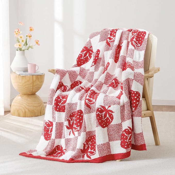Snuggle Sac Starwberry Throw Blanket for Couch, Microfiber Fluffy Warm Cozy Fuzzy Reversible Checkered Blankets for Sofa, Chair, Bed, 50x60 inches