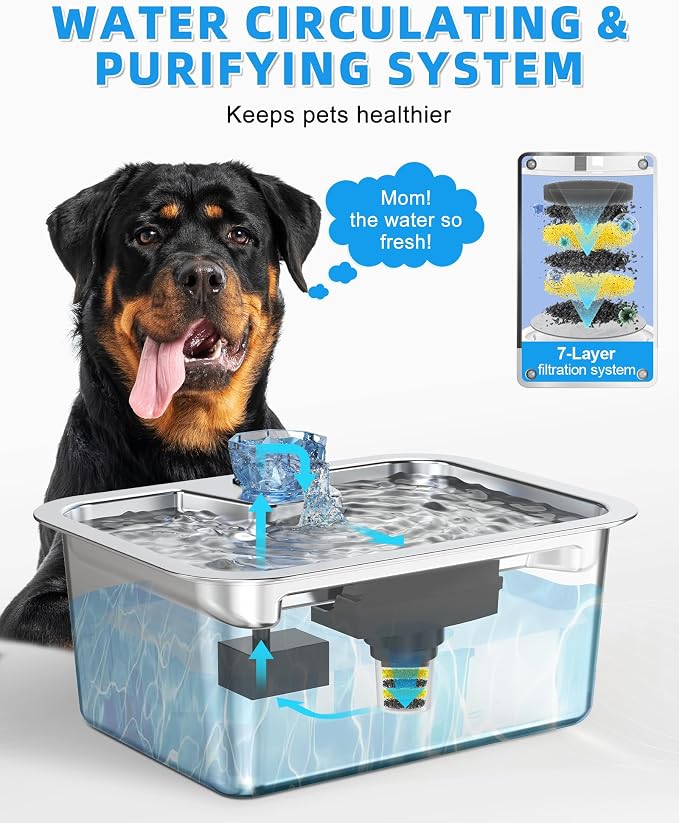 Lesotc Dog Water Fountain, 10L Stainless Steel Large Pet Fountain | Includes 4 Filters, Ultra-Quiet Pump and Circulating Flow, Automatic Dog Water Bowl for Multi-Pet Homes