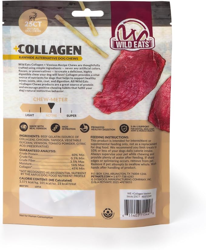 Wild Eats Venison Collagen Sticks for Dogs 25 Pack, Bully Stick Alternative | Rawhide and grain free no hide chew treats, 0.6 cm chew width, high protein, long lasting, satisfies natural gnawing urges