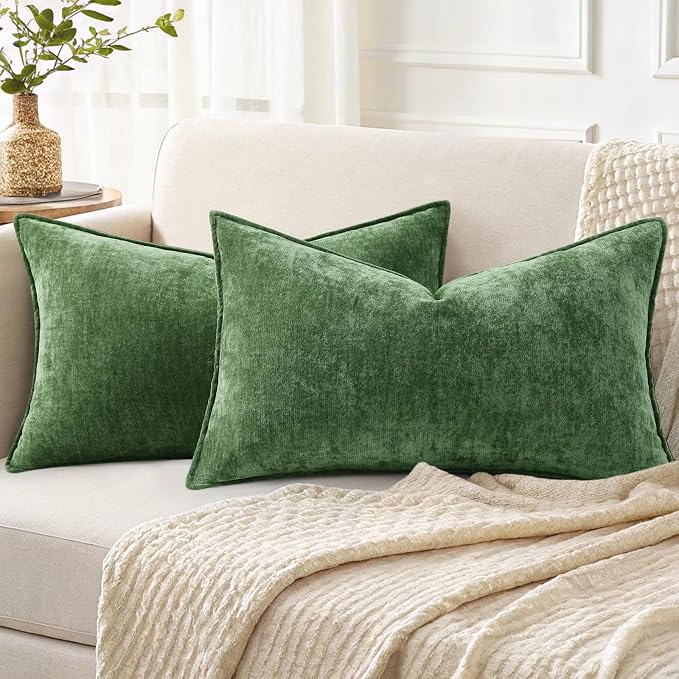 decorUhome Chenille Moss Green Velvet Throw Pillow Covers 12x20 Set of 2 | Fall Soft Lumbar Couch Decorative Modern Farmhouse Pillow Cases with Elegant Design for Sofa Bed Living Room Home Decor