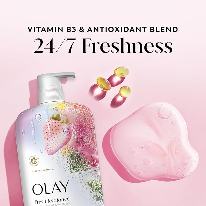 Olay Body Wash for Women, Fresh Radiance, 24/7 Skin-Loving Freshness, Visibly Radiant, Plant Based Cleansers, Vitamin B3 & Antioxidant Blend, For All Skin Types, Strawberry & Mint Scent, 29 fl oz