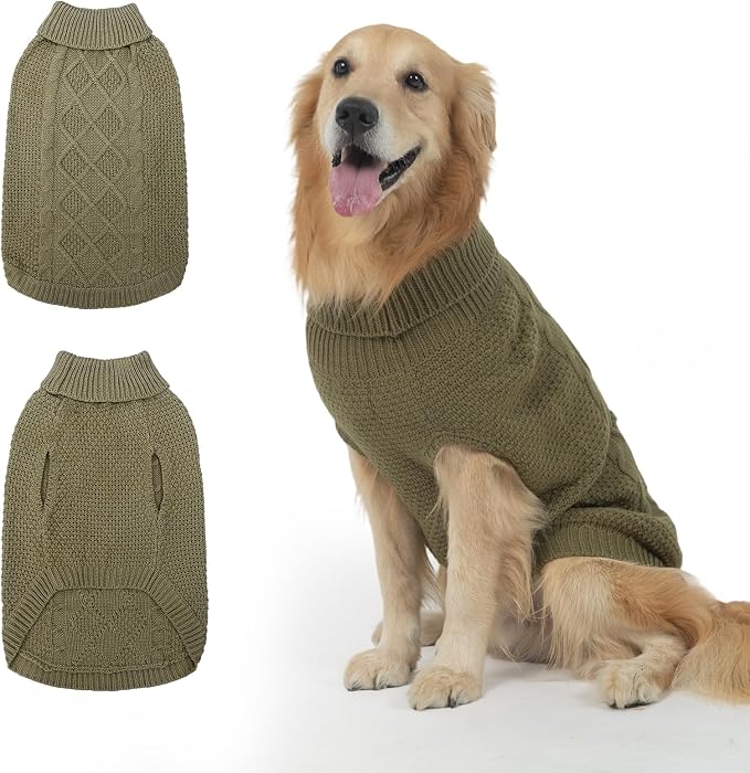 Mihachi Turtleneck Dog Sweater - Winter Coat Apparel Classic Cable Knit Clothes with Leash Hole for Cold Weather, Ideal Gift for Pet in New Year Army Green New L