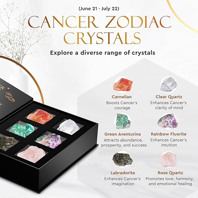 Wyspell Cancer Crystal Set - 6 Raw Cancer Crystals and Healing Stones - Cancer Zodiac Gifts for Women - Cancer Healing Gifts - Birthday Gifts for Women - Astrology Gifts for Women - Zodiac Crystal Set
