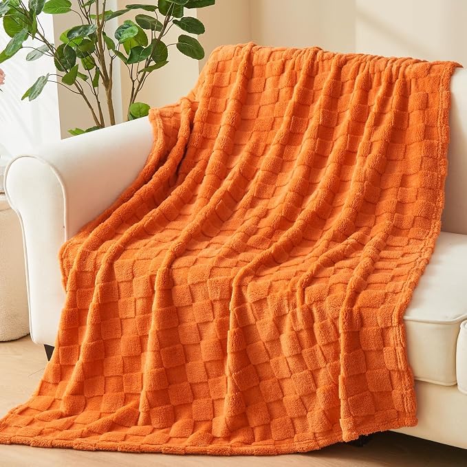 NEWCOSPLAY 3D Checkered Flannel Twin Blanket, Orange Checkered, 60"x80" | Super Soft Cute Lightweight Decorative Premium Silky Fleece Blanket for Couch Sofa Bed, Gift for Women Men, All Season Use