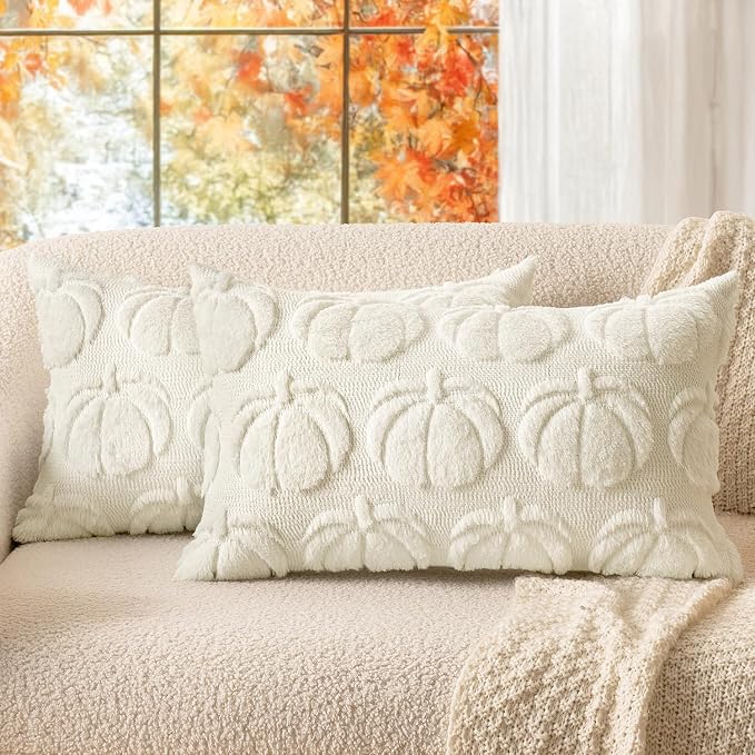 MIULEE Fall Pillow Covers Pumpkin Fall Decor Lumbar 12x20 Cream White | Set of 2 Fall Decorations for Home, Plush Faux Fur Farmhouse Accent Pillowcases, Porch Sofa Couch Cushion Bed Livingroom