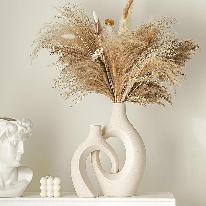 Lvases Snuggle Hollow Ceramic Vase Set of 2, Boho Style Nordic Modern Vase | Round Mid Century Aesthetic Decorative Vase for Home Decor Living Room Kitchen Book Shelf Decorations (Cream W 6.8" X H 11")
