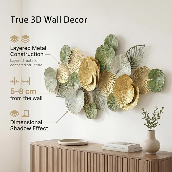 Axioglo 51" Large Wall Decor 3D Lotus Leaf Metal Wall Art for Living Room | 51" x 26" metal wall decor with layered metal texture, mounting hardware, two-way display