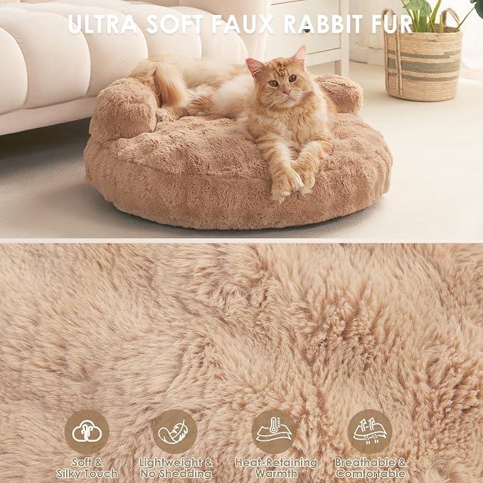 EHEYCIGA Soft Cat Couch Bed for Indoor Cats, Fluffy Small Dog Bed with Removable Washable Cover, Bolster Pet Sofa, Waterproof and Non-Slip, 26" x 26"x 8", Camel