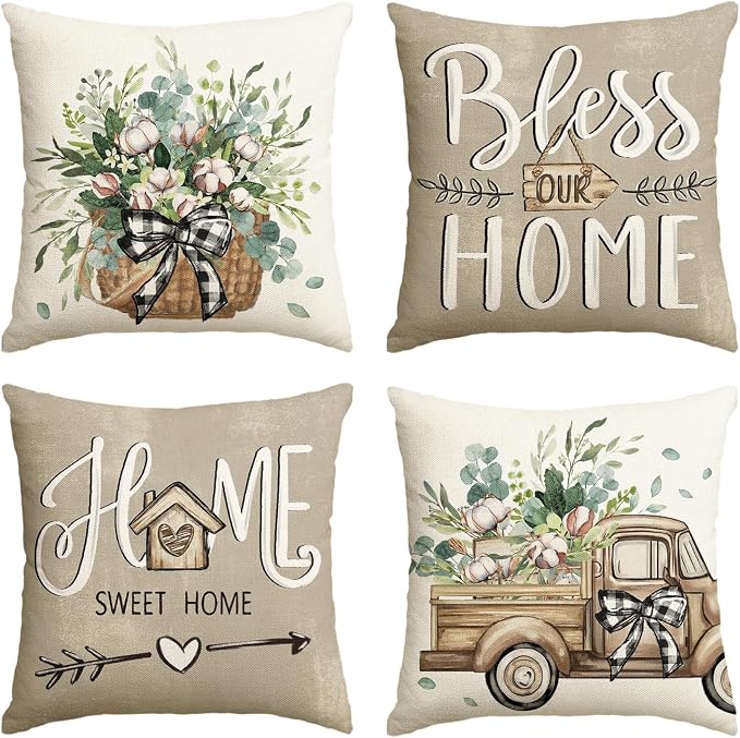 AVOIN colorlife Bless Our Home Sweet Home Farmhouse Eucalyptus Leaves Throw Pillow Covers, 20 x 20 Inch Truck Cushion Case Decorations Set of 4
