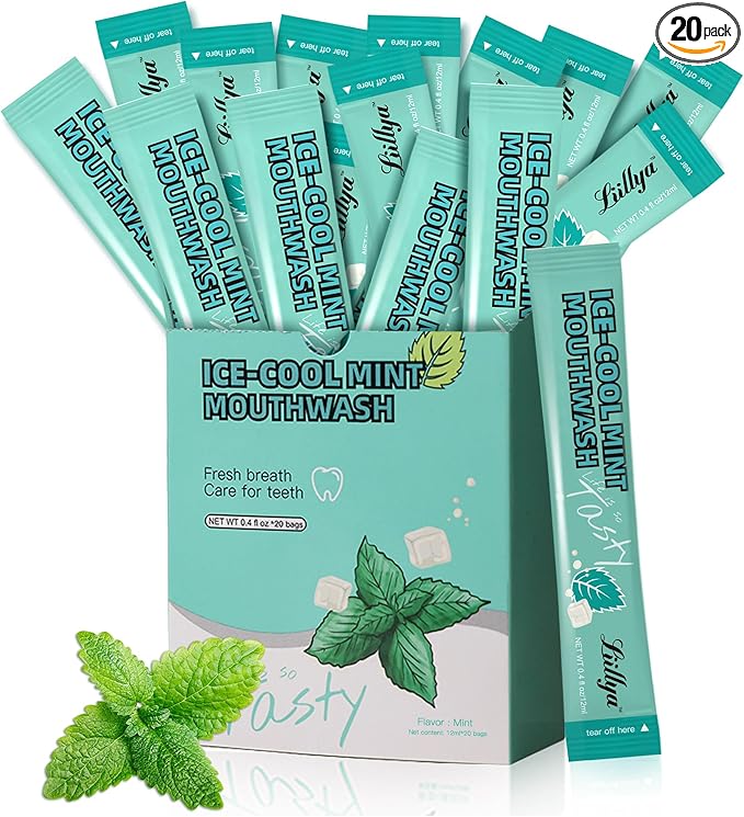 Liillya Mouthwash Travel Size, Individual Mini Mouthwash Alcohol Free, Cool Mint for Fresh Breath, Oral Care, Teeth & Gum Health, TSA Compliant, Portable Packets to Go, 0.41 Fl Oz x 20 Packs