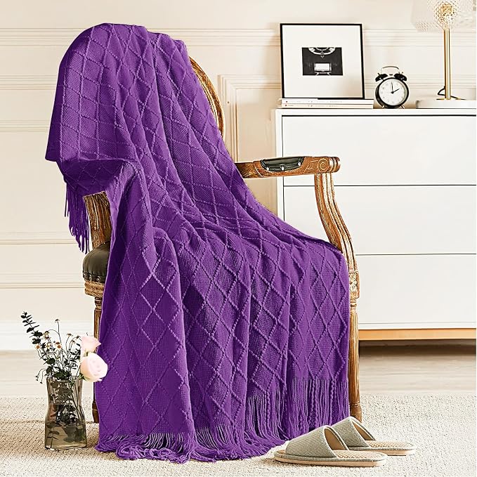 inhand Purple Knitted Throw Blanket for Couch and Bed, 50"x60" | Gifts for Mom from Daughter Son, Soft Lightweight with Tassels, Farmhouse Warm Decorative Blanket for Women, Cozy Knit