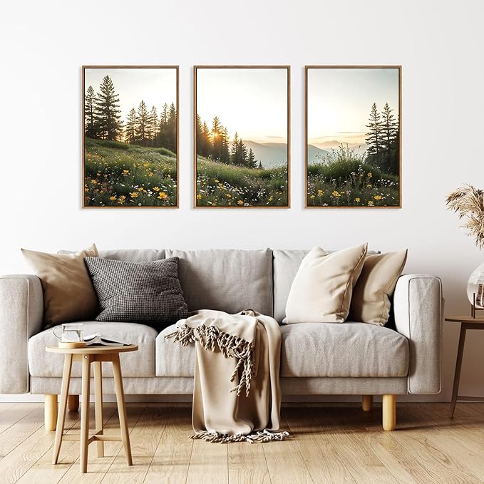 FWIEXA Mountain Canvas Wall Art Set, Framed Forest Nature Wall Decor, 3 Piece Landscape Paintings Artwork, 16x24 Inches Wildflower Pictures for Living Room, Bedroom, Office