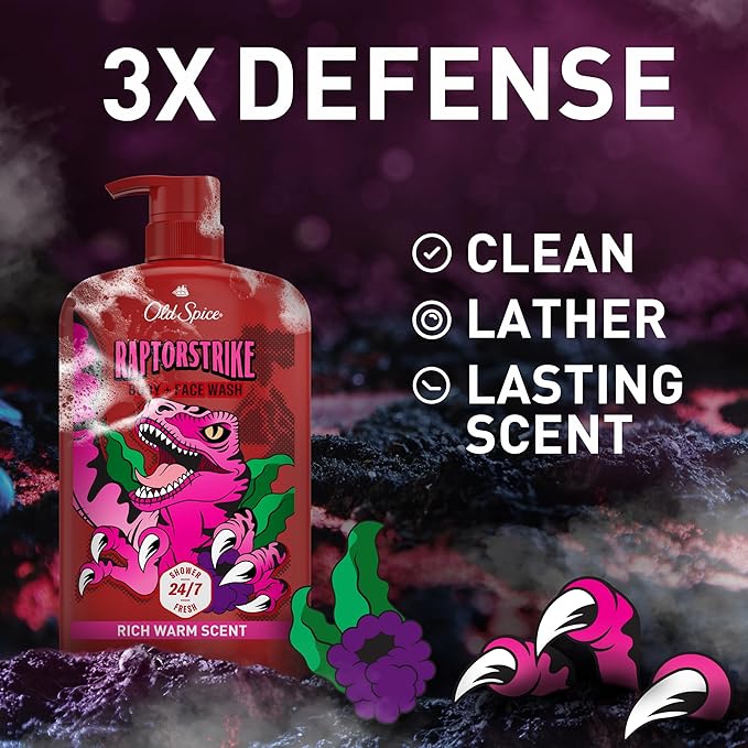 Old Spice Cleansing Body Wash for Men, 3X Defense, 24/7 Shower Fresh with Lasting Scent, 2-in-1 Body & Face Wash, Raptorstrike with Dark Berry Scent, 33.4 oz