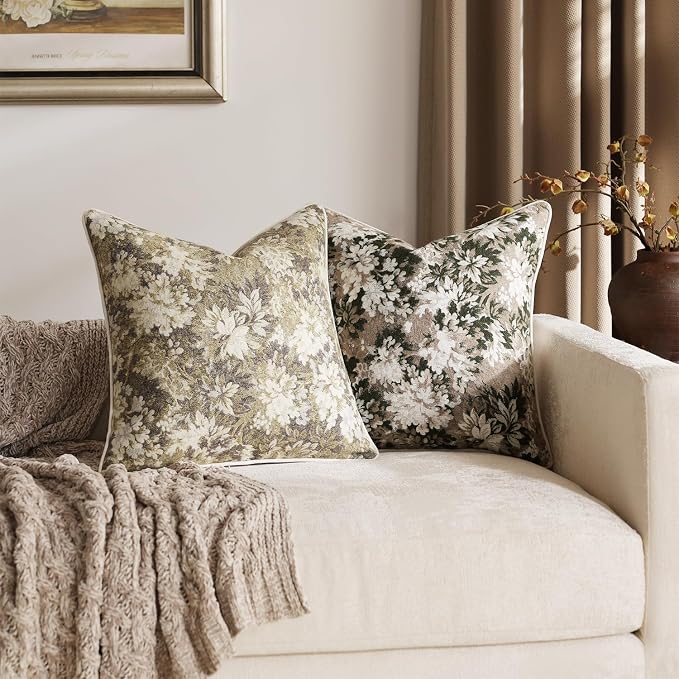 Pack of 2 Vintage Floral Euro Sham Covers 26x26 Boho Farmhouse Accents Chenille Square Decorative Throw Pillow Cases for Living Room Couch Bed Home Decor, Beige